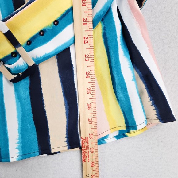 Lane Bryant Shirt Women 14 Pink Blue Colorful Striped Belted Satin Blouse Career - Picture 6 of 11